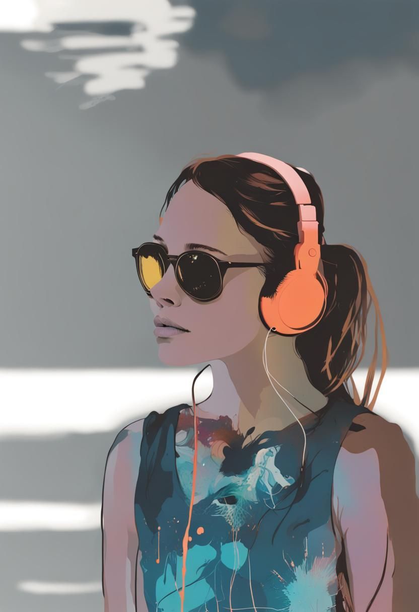 Woman with Headphones in Splatch Art Style
