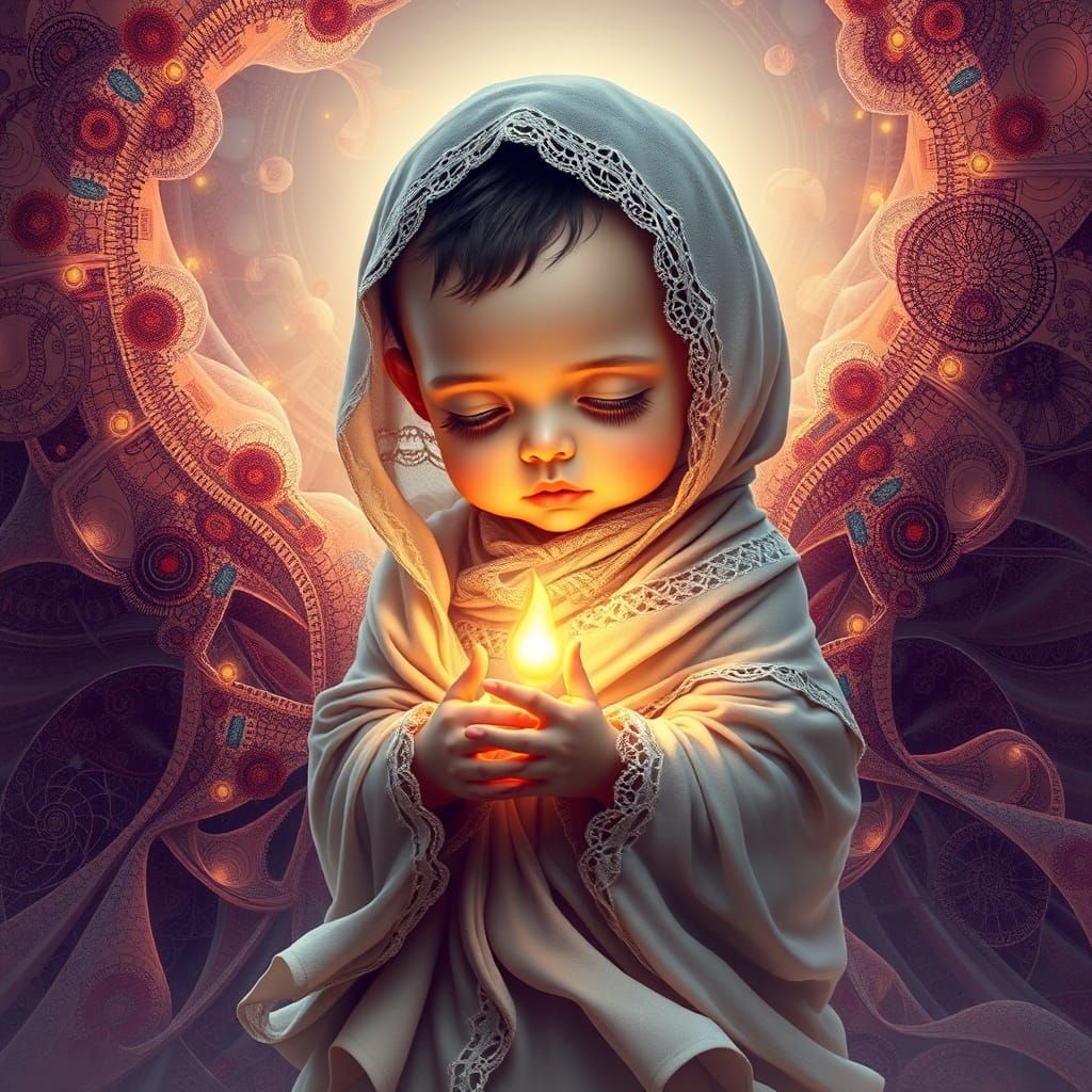 Child with Inner Flame on Fractal Background