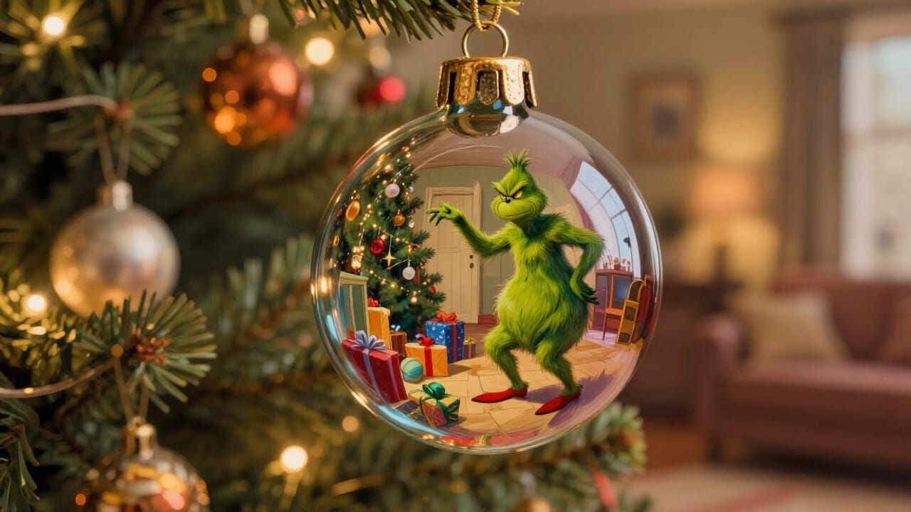 Grinch Steals Presents Reflected in Christmas Ornament