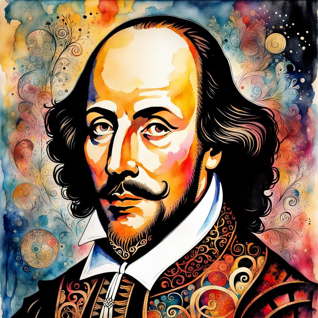 Whimsical Shakespeare Portrait in Watercolor Art Style