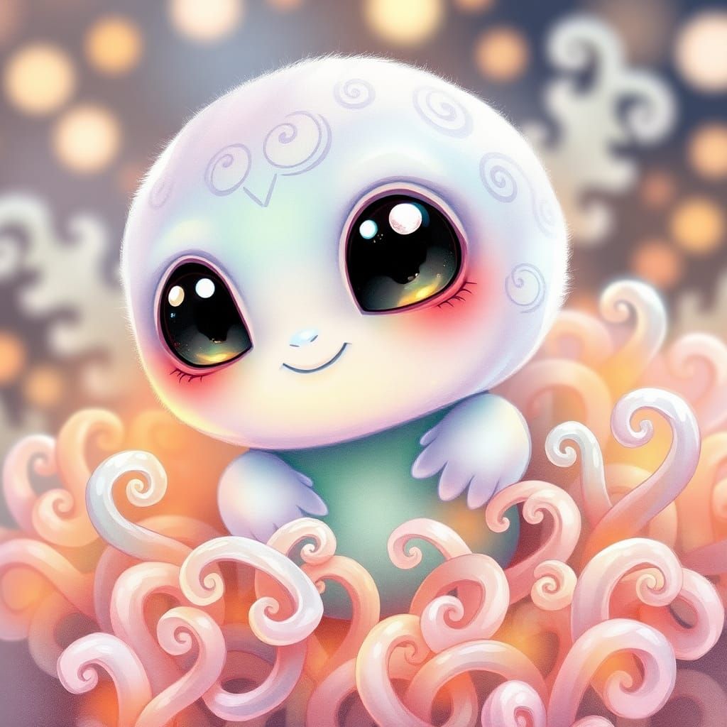 Adorable Alien Peeking from Glowing Leaves