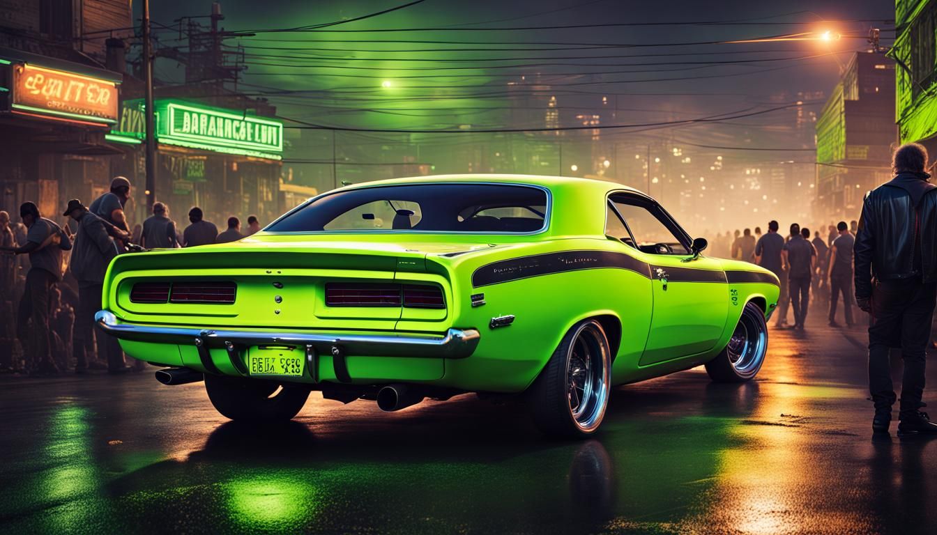 Lime Green Barracuda Races in Dystopian Future
