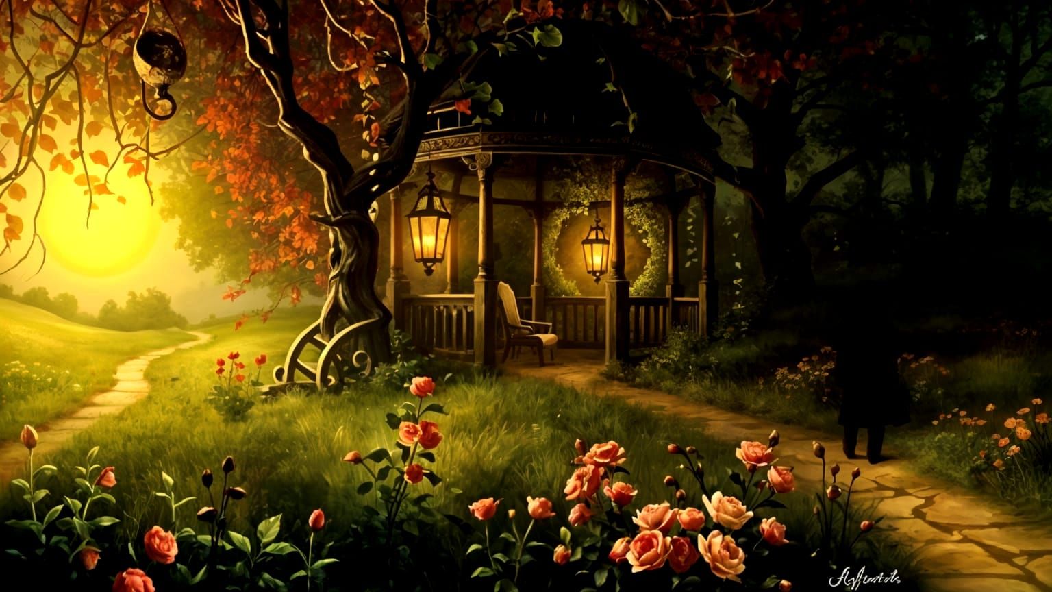 Moonlit Forgotten Garden with Gazebo: Oil Painting