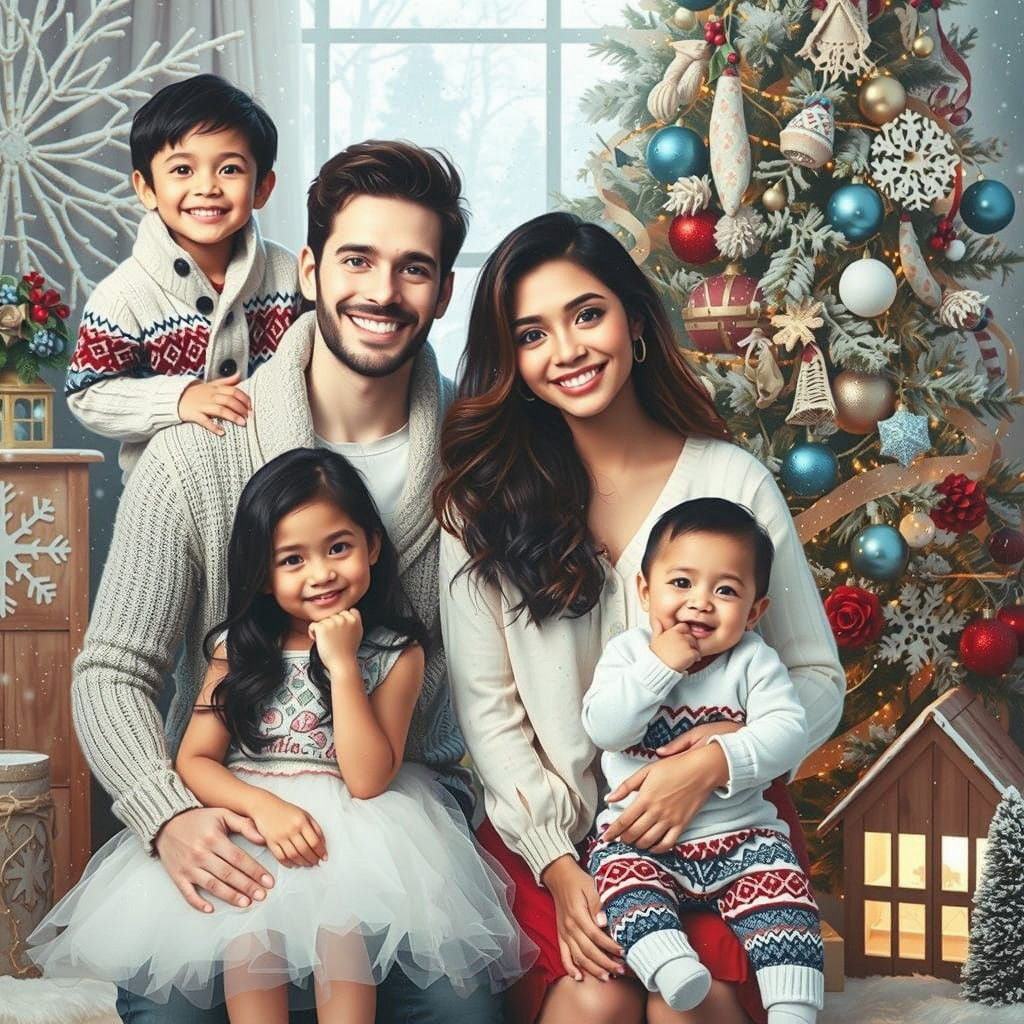 Multicultural Family Celebrates Christmas in Winter Wonderla...