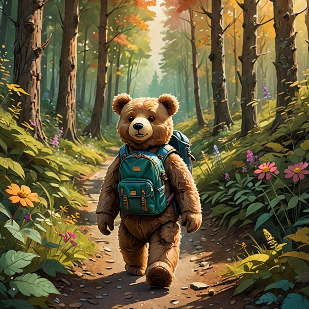 Teddy Bear's Forest Adventure: Whimsical Digital Painting