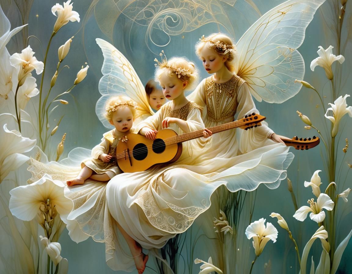 Toddlers Play Lute in Gladiolus, Dreamy Surrealism