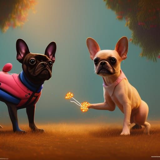 French Bulldog Courts Neon Chihuahua: Detailed Matte Paintin...