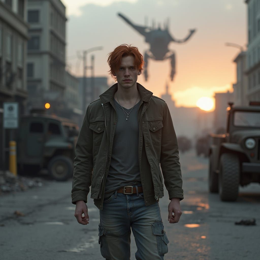 Red Haired Man in Dystopian City Action Scene