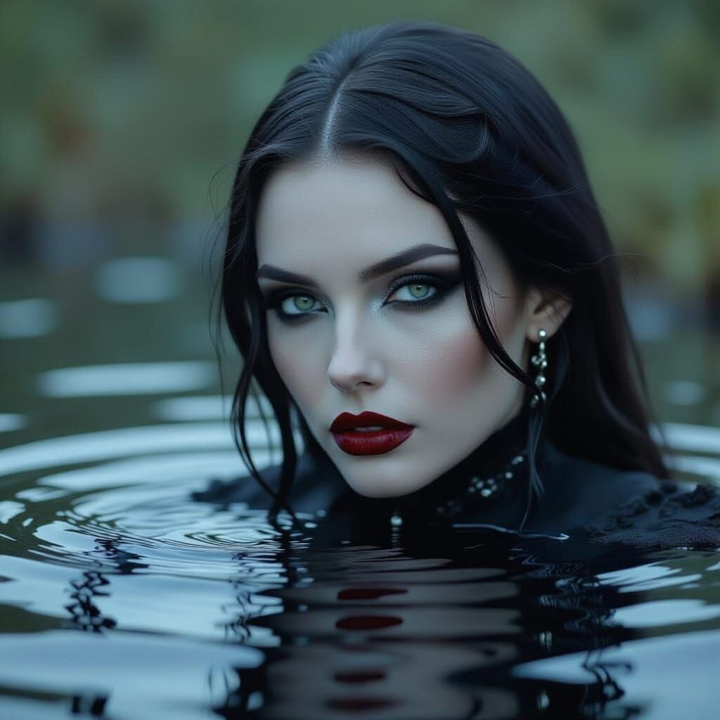 Gothic Woman's Ink Reflection in Obsidian Mirror