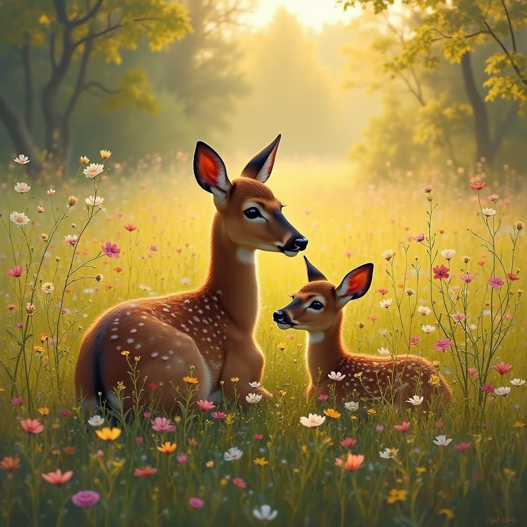 Mother Deer and Fawn in Golden Hour Meadow Oil Painting