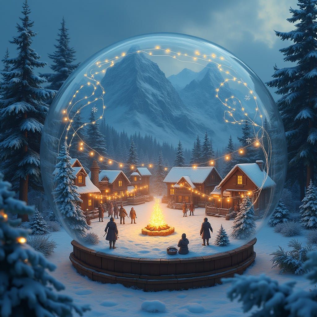 Enchanted Winter Village Scene in a Snow Globe