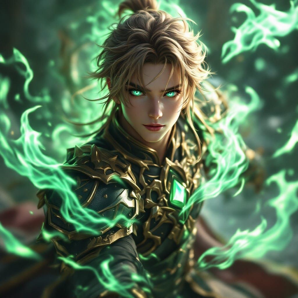 Dragon Slayer Warrior with Green Aura Flames