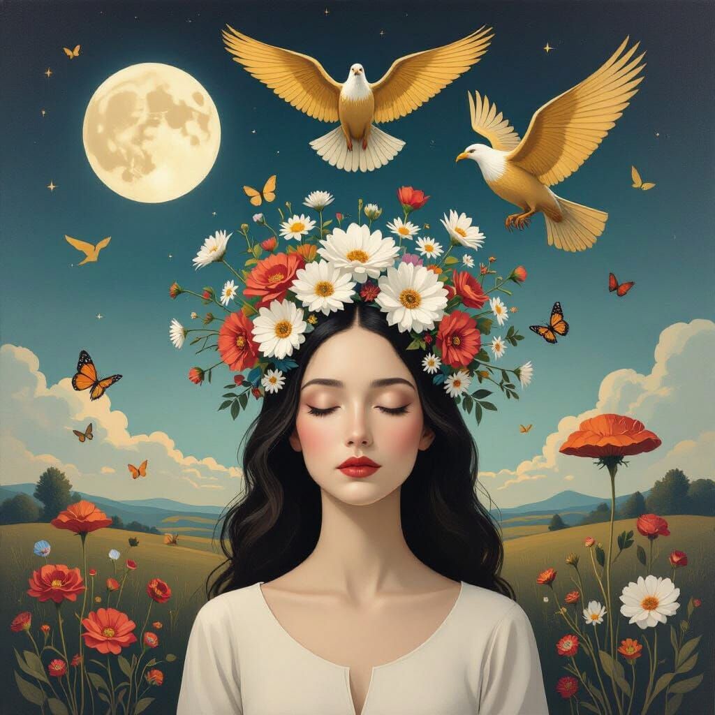 Surreal Woman with Flowers and Golden Eagle