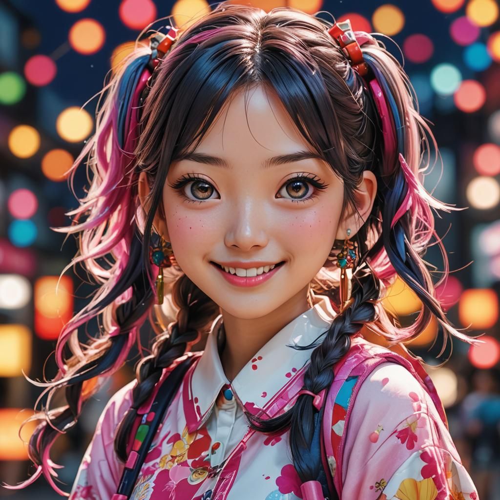 Vibrant Japanese Pop Art Girl with Intricate Details and Bol...