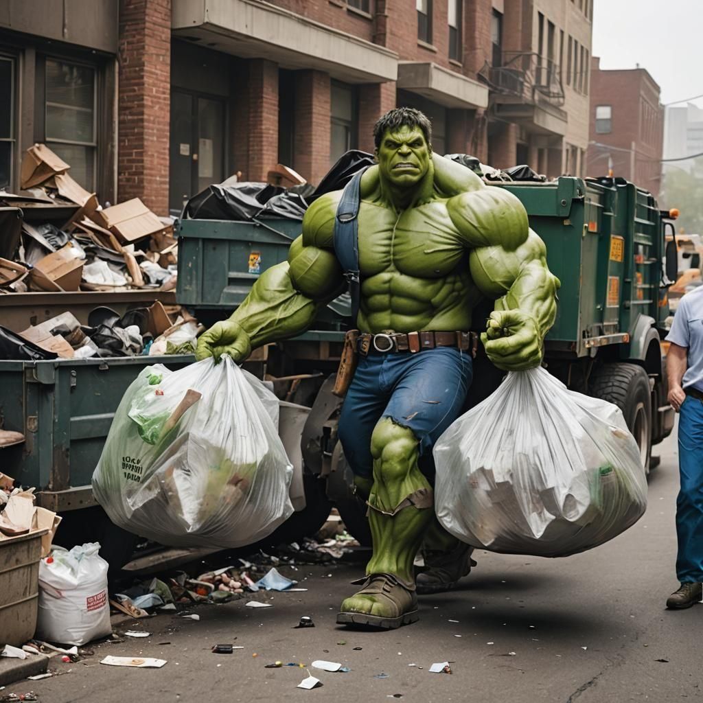 The incredible Hulk working as a garbage man