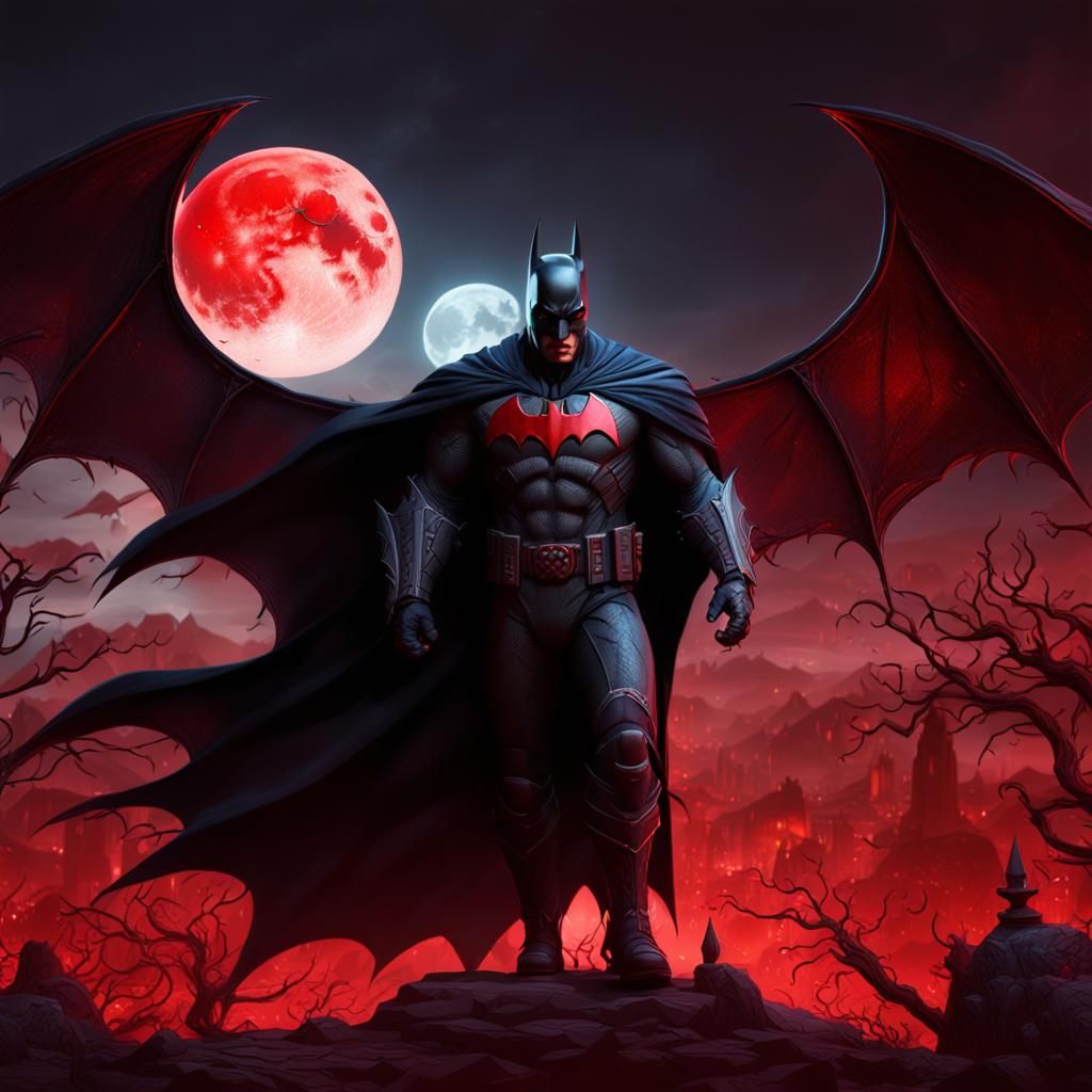 Vampire Batman under Red Moon: Detailed Matte Painting
