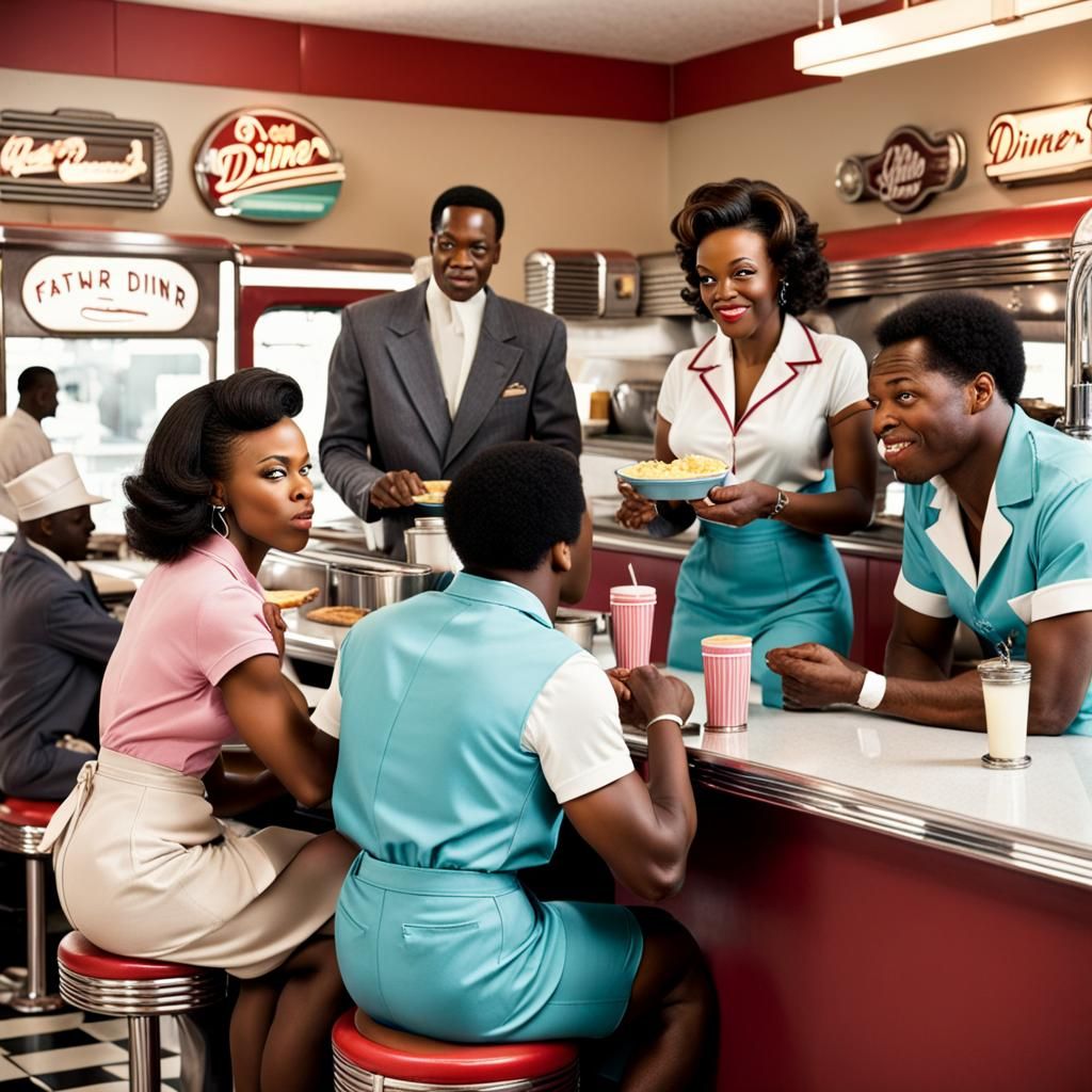 Retro Diner Scene with Six People