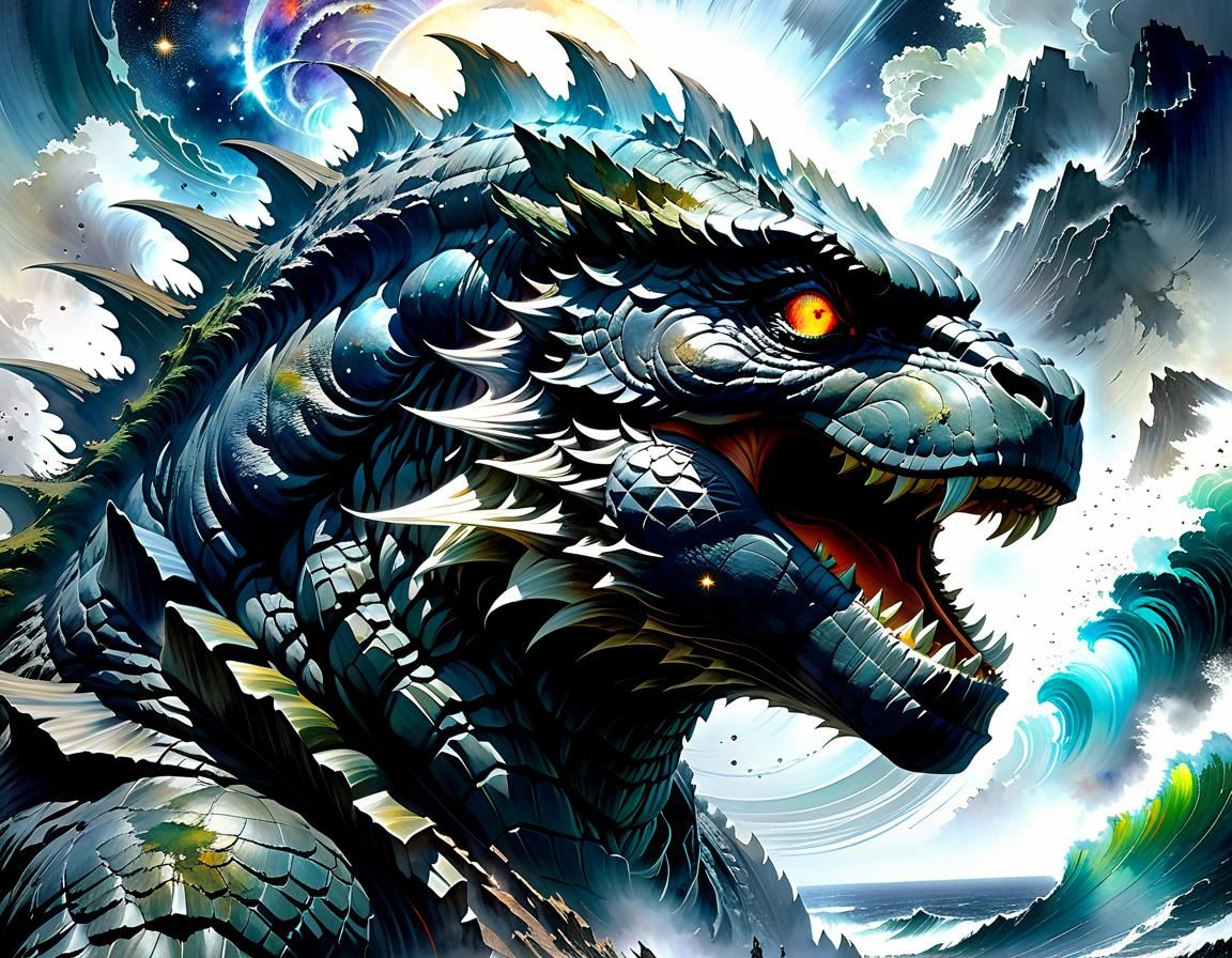 Godzilla's Astral Dream: Watercolor Double Exposure