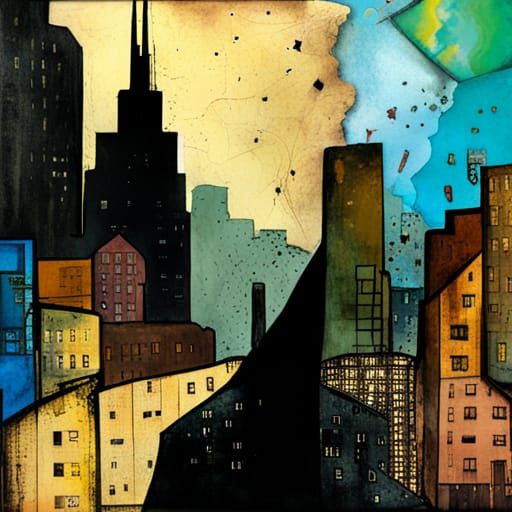 Cityscape Silhouette in Mixed Media Collage