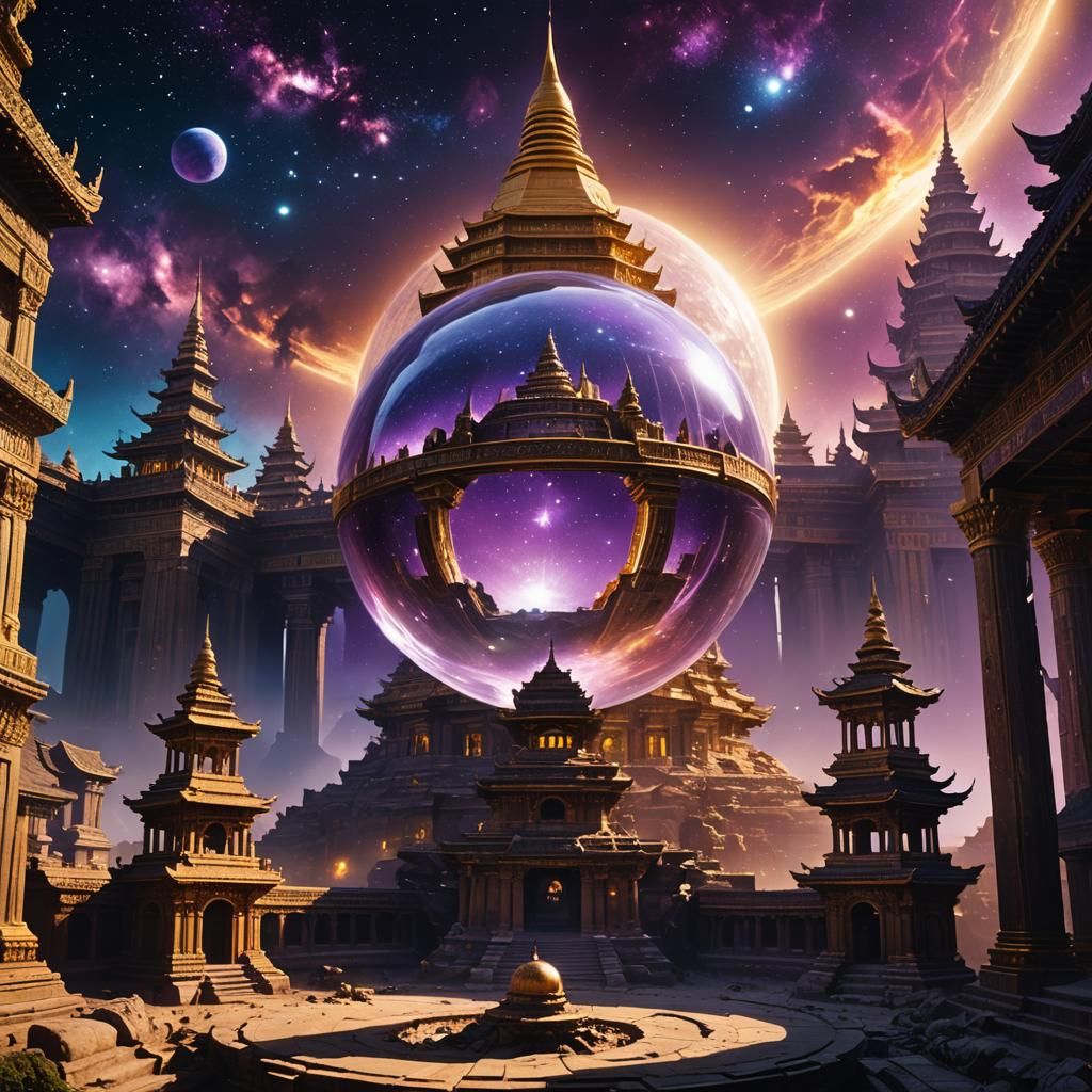 Crystal Ball Above Ruined Temple in Space