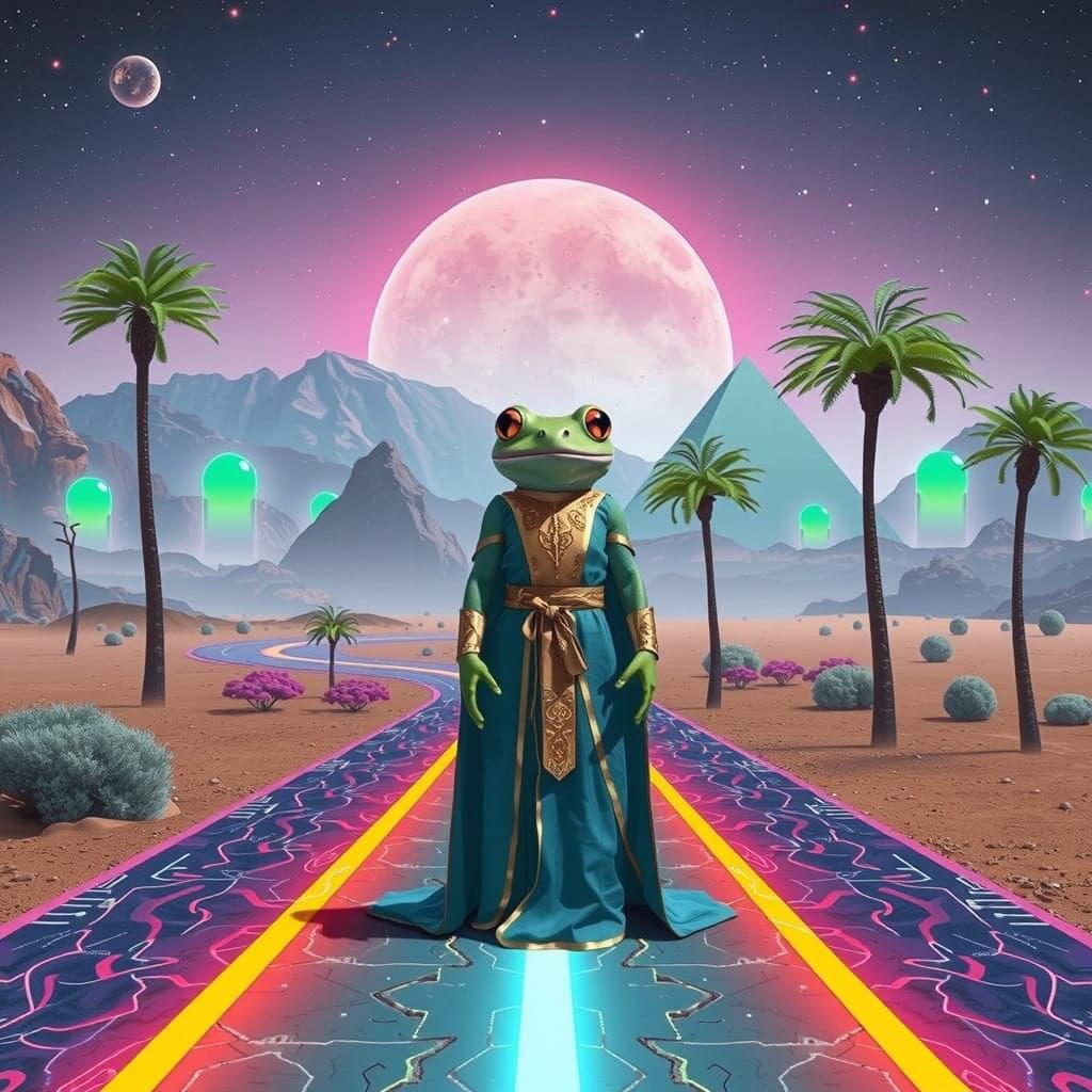 Futuristic Desert Queen Amidst Neon Pyramids in Space