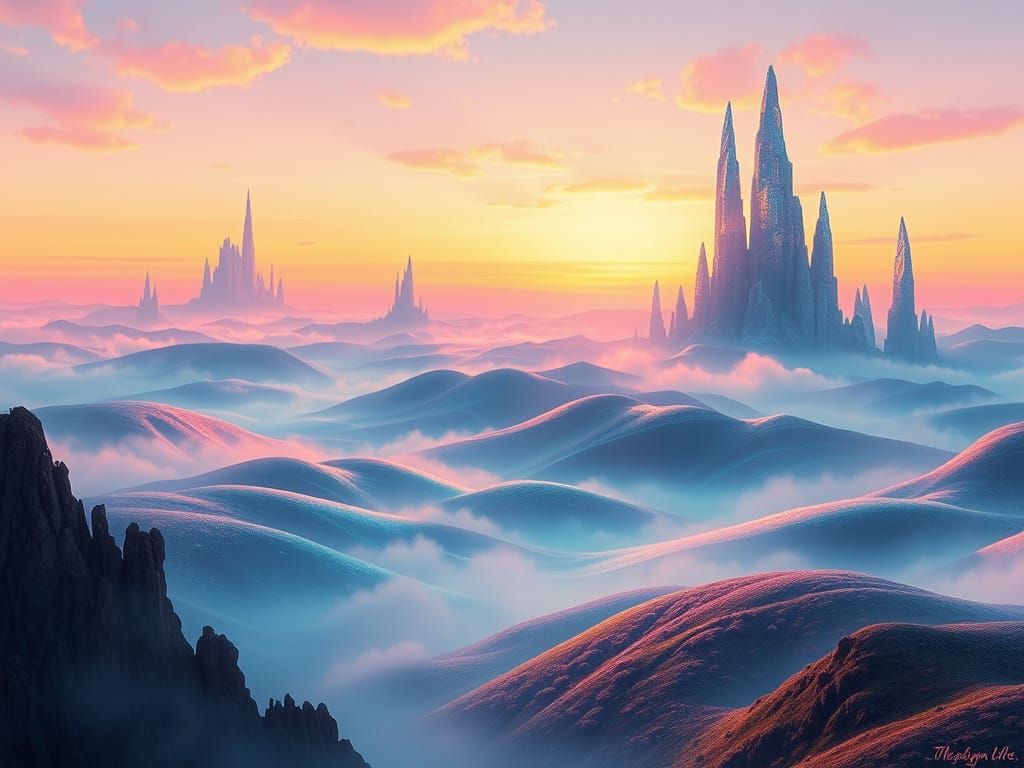 Surreal Dreamscapes with Iridescent Mists and Crystal Spires