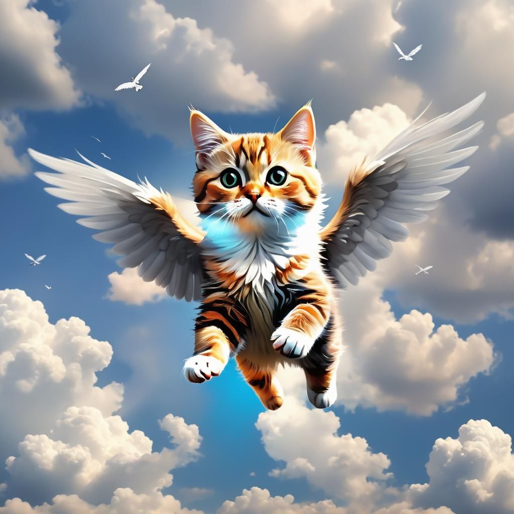 Winged Cat Flying in the Clouds