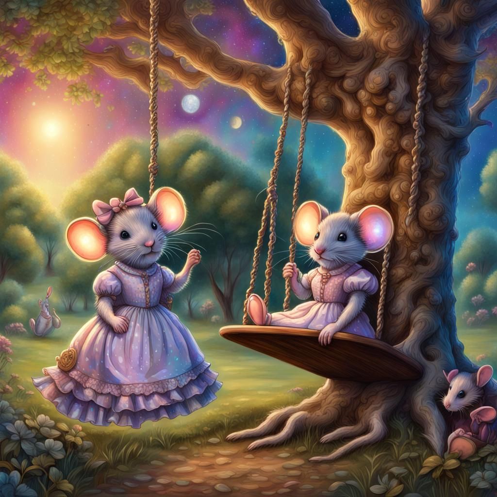 Victorian Mice on Tree Swing, Astral Illustration