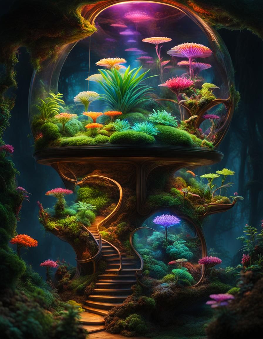 Fantastical Glowing Terrarium With Alien Organisms