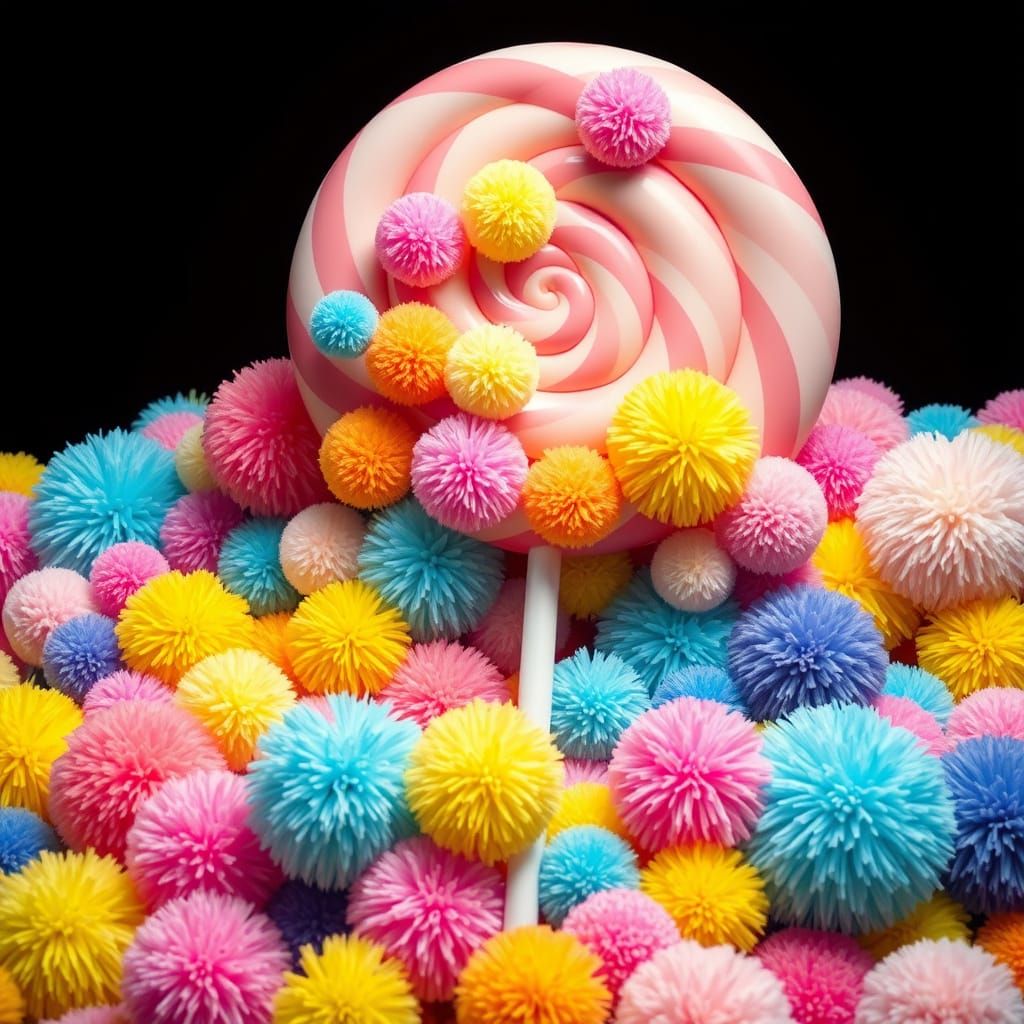 Pastel Pom Poms Overflowing from Lollipop in Playful Style