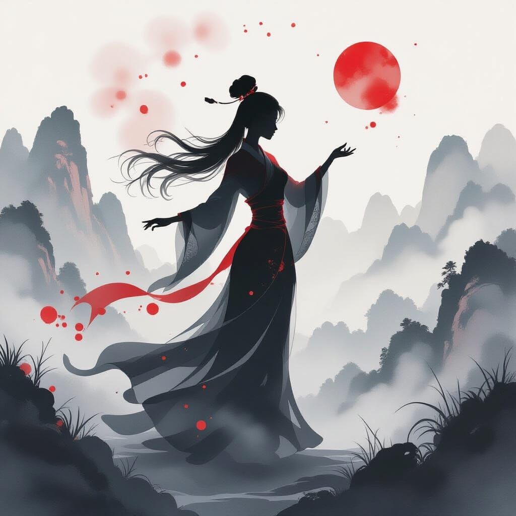 Dancing Silhouette in Chinese Watercolor Style