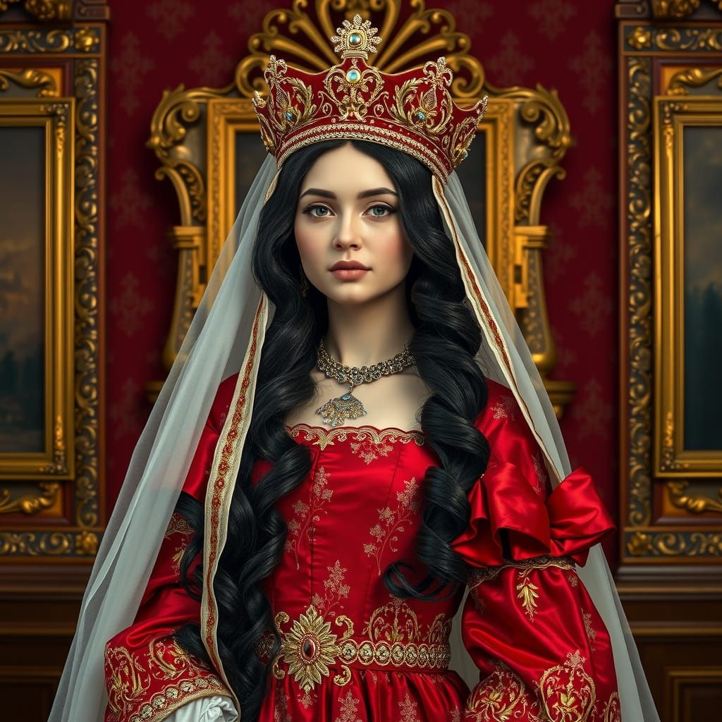 Regal Russian Tsarina in Crimson Brocade Gown with Golden Ko...