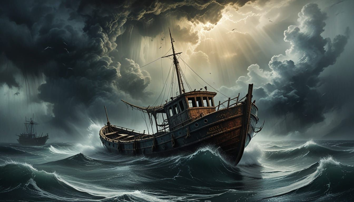 Ghostly Vessel Flees Eerie Stormy Seascape in a Masterpiece...