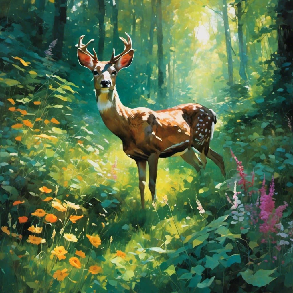 Deer in Sunlit Glade with Ferns and Flowers