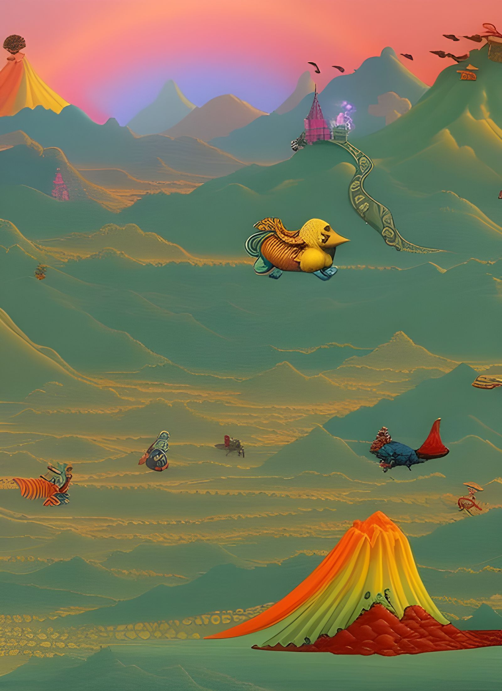 Surreal Rainbow Chaos: Dinosaurs, Cowboys, and Desserts