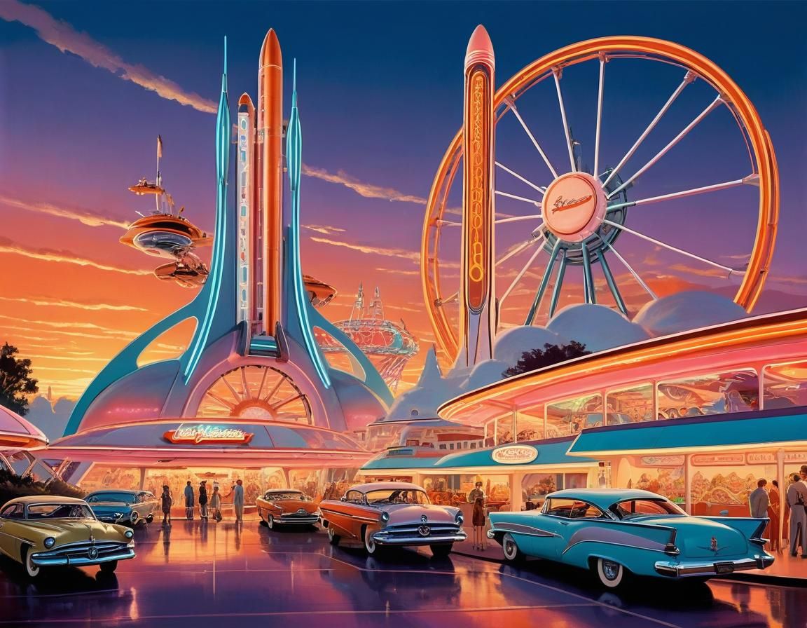 Retrofuturistic Theme Park Under Sunset Sky