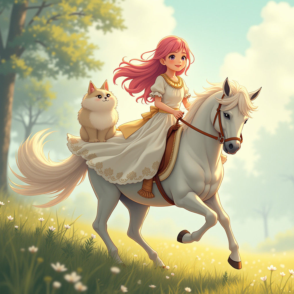 Girl with Pink Hair Rides White Horse