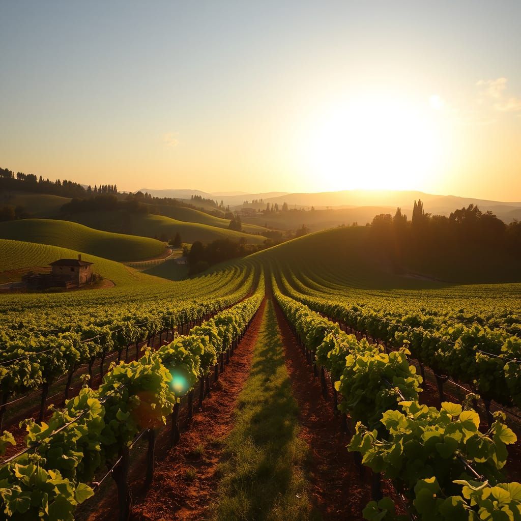Tuscan Vineyard Landscape in Warm Golden Light