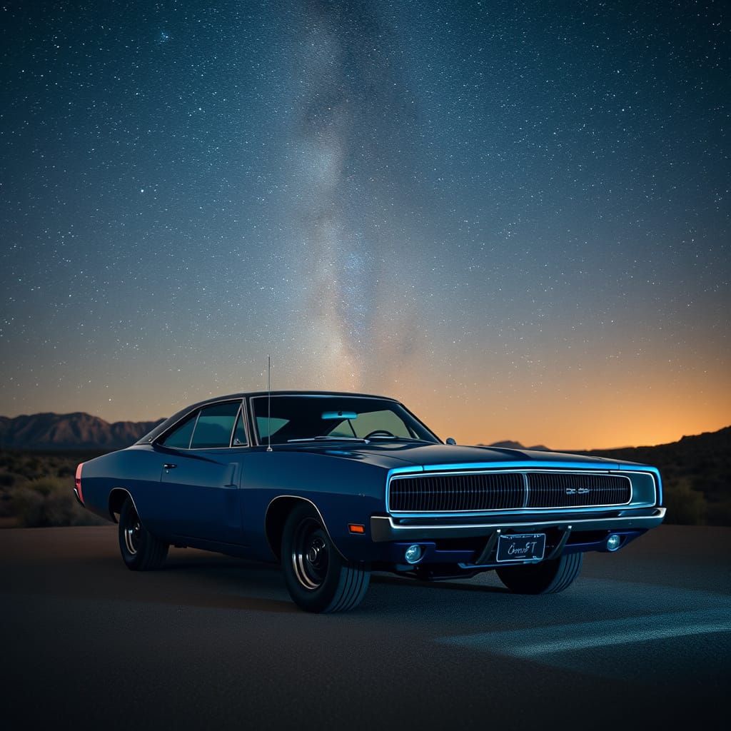 A gleaming 1969 Dodge Charger R/T, painted in a deep metalli...