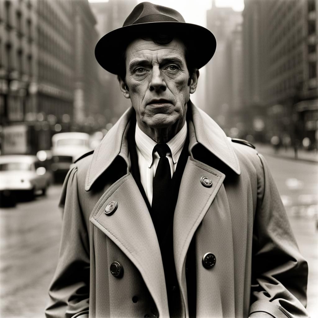 The man in a trench coat, badge out, laid off
Says he’s got a bad cough, wants to get it paid off By Dianne Arbus