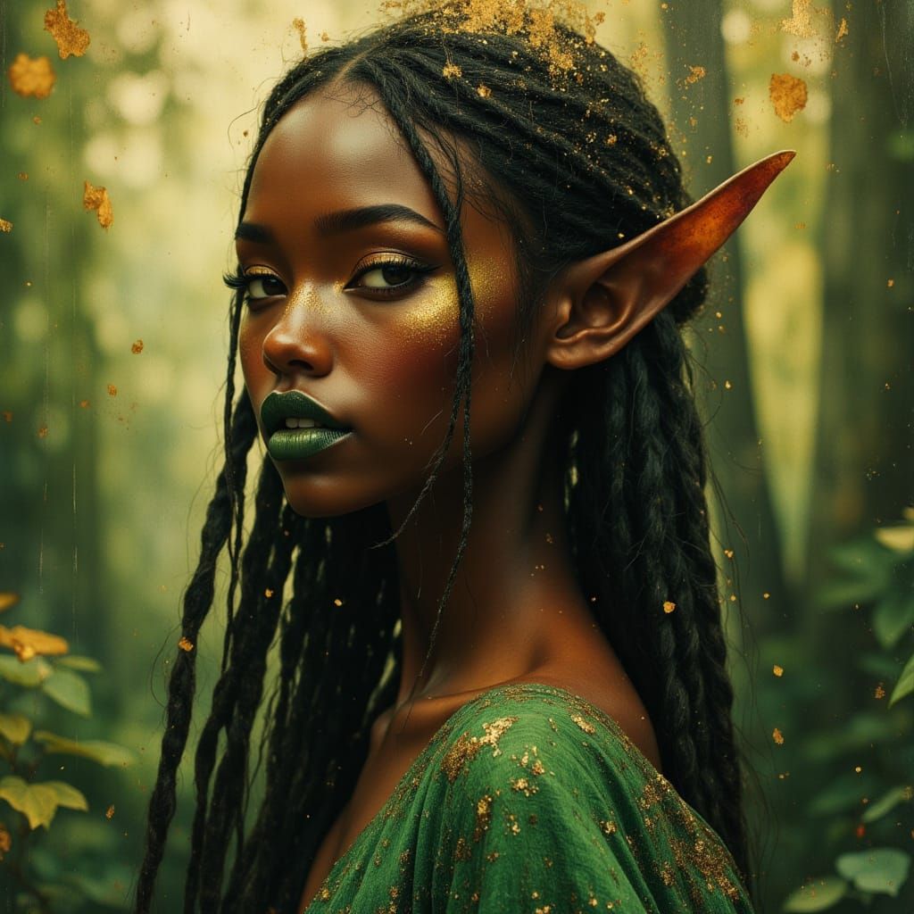 Elegant African Elven Goddess Portrait in Enchanted Forest