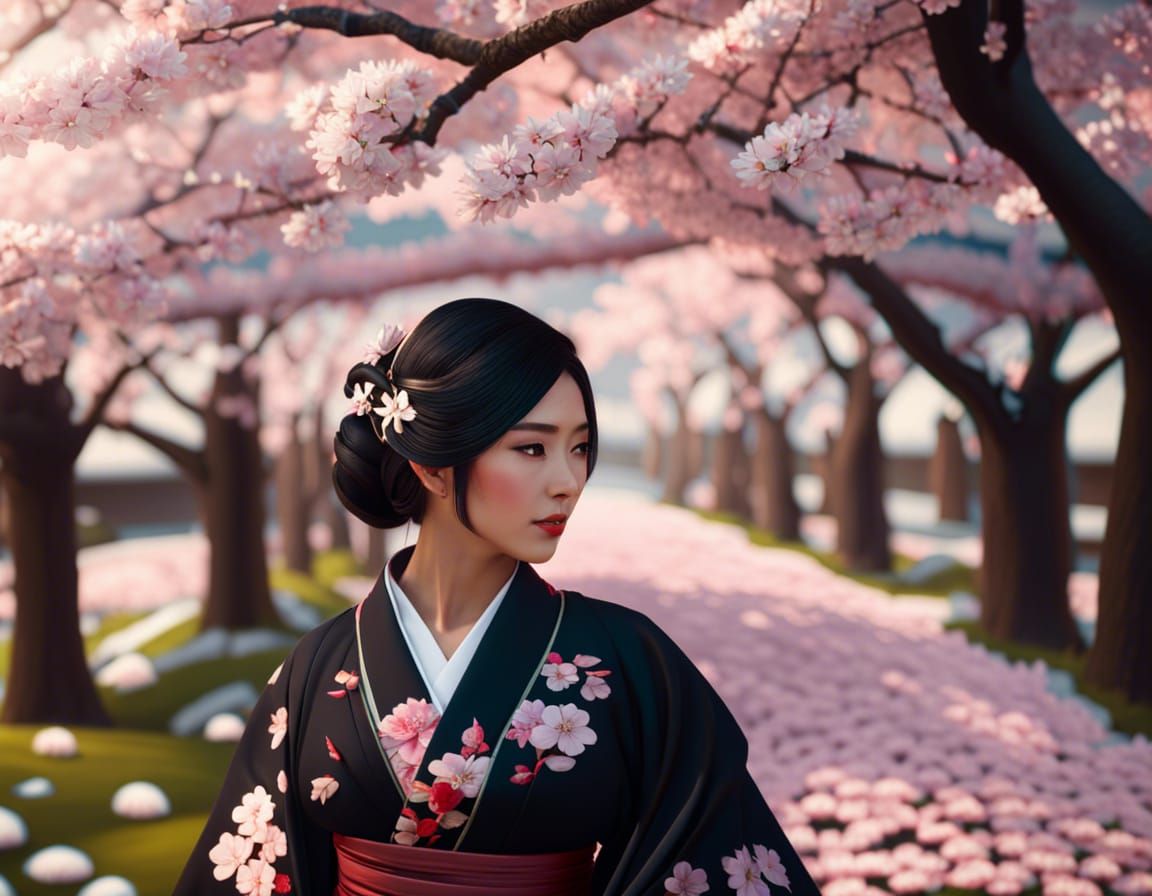 Japanese Woman in Kimono Among Sakura Trees