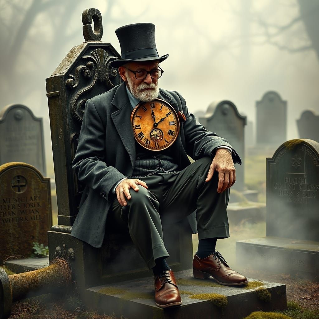 Solemn Figure on Weathered Gravestone in Mysterious, Misty C...