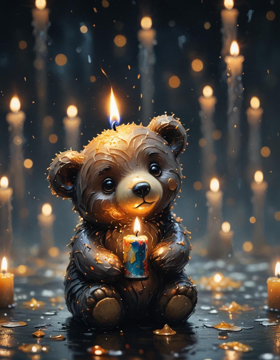 Glowing Candle Bear in the Dark, Oil Painting Style