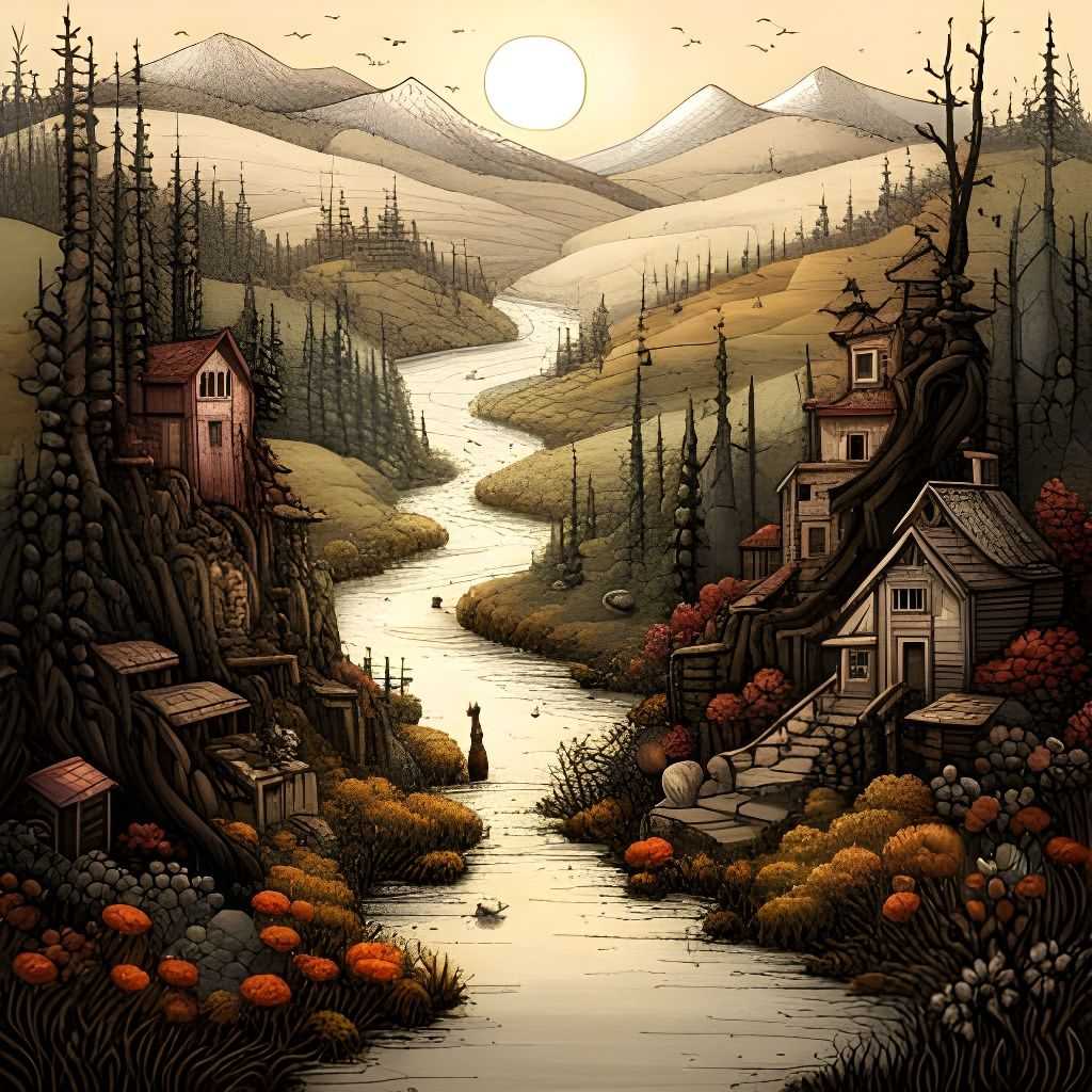 Surreal Landscape with Detailed Line Art