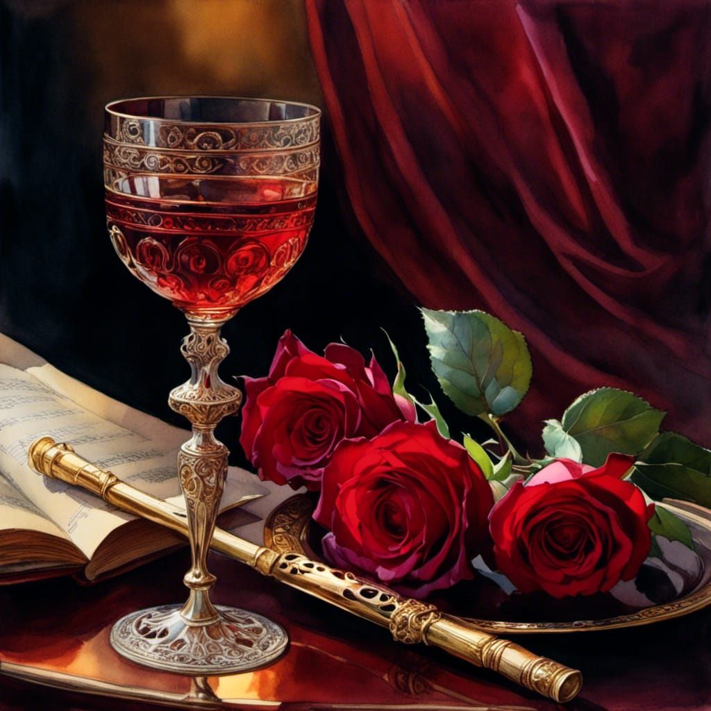 Burgundy Wine and Rose Still Life in Macro