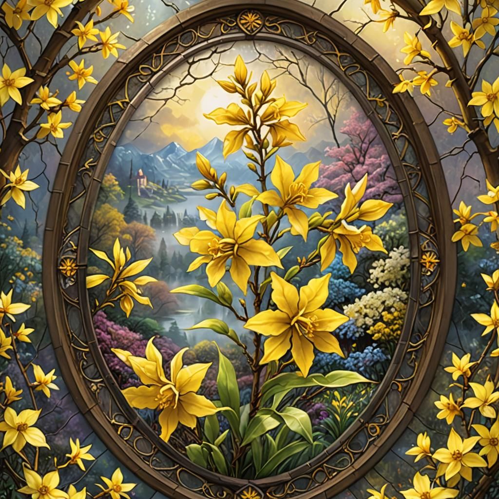 Forsythia in Stained Glass: Ethereal Digital Painting
