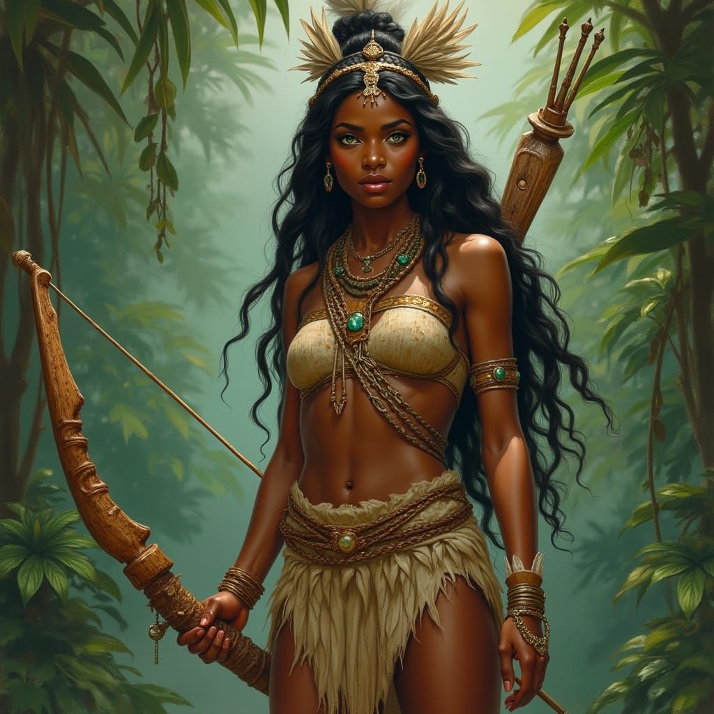 Tribal Huntress in Jungle, Fantasy Art Style