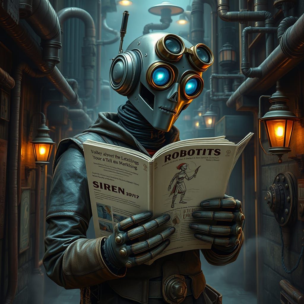 Steampunk Robot in Alley with Vintage Magazine
