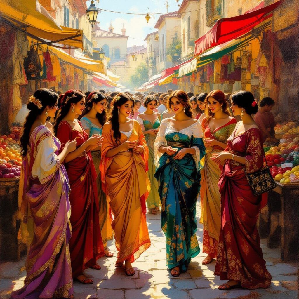 Seven Joyful Women in a Luminous Marketplace Oil Painting